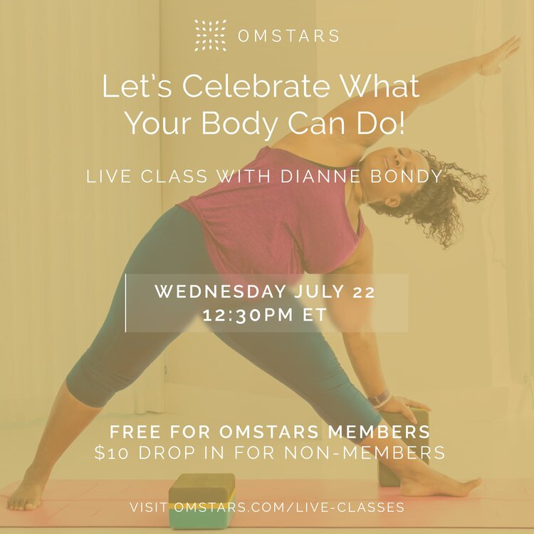Dianne Bondy demonstrates triangle pose in a promo graphic for Omstars.