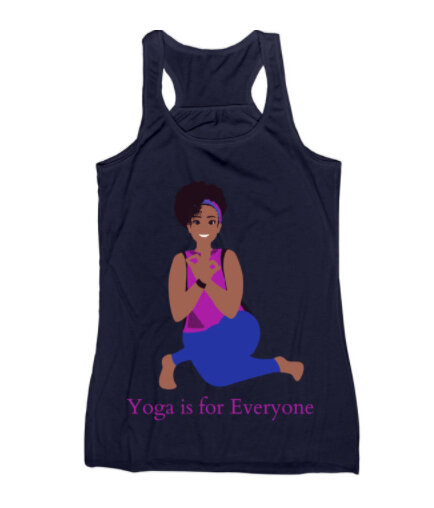 Dianne as a cartoon avatar on a black tank top that says "Yoga is for Everyone."