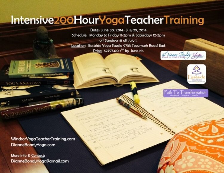 Dianne Bondy's 200-hour intensive yoga teacher training promo graphic.