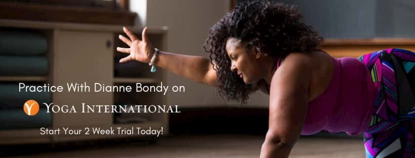 Yoga International promotional graphic showing Dianne in spinal balance.