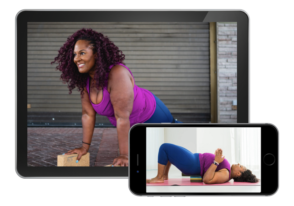 Dianne Bondy demonstrates yoga poses on a tablet and smart phone.