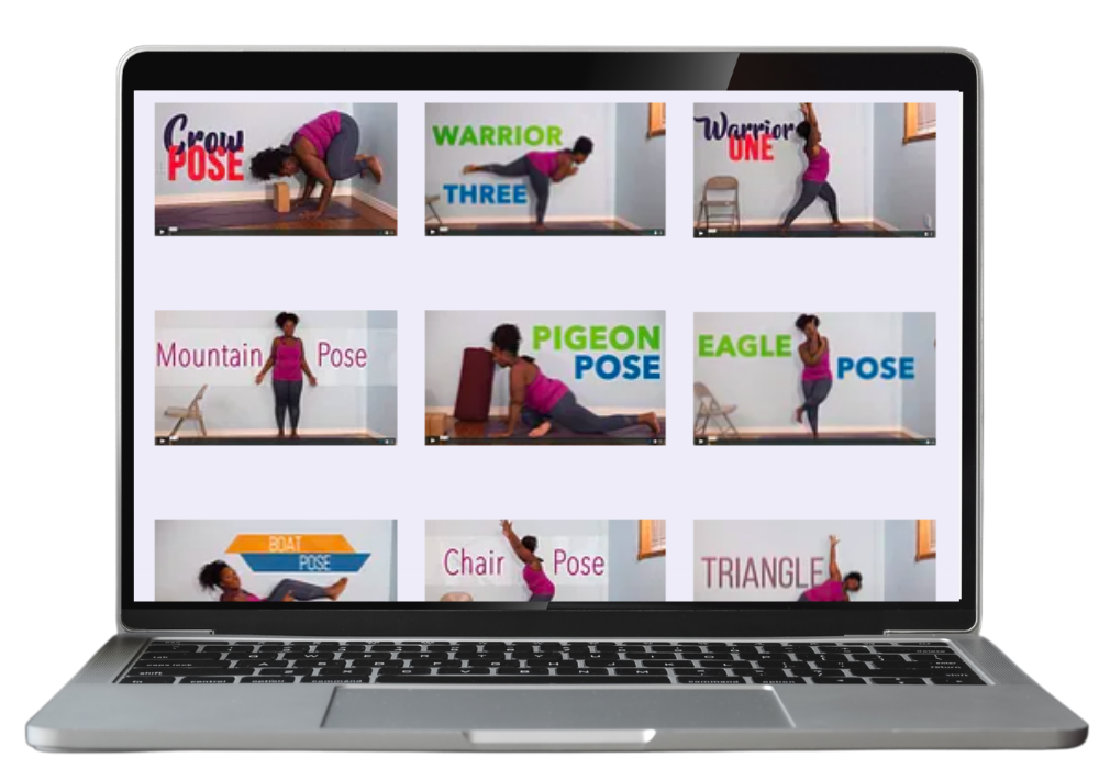 Dianne Bondy demonstrates the poses in the Yoga For Everyone Course on a laptop screen.