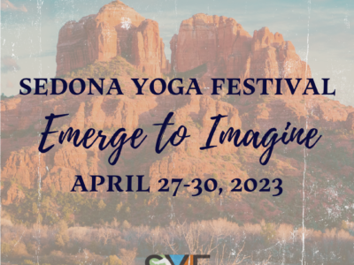 Desert mountains in the background with text overtop that reads "Sedona Yoga Festival"